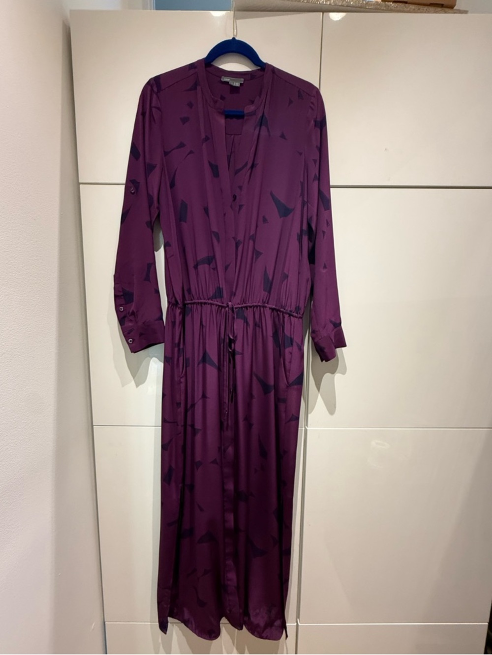 Vince Plum Silk Maxi Dress with Navy Geometric Print